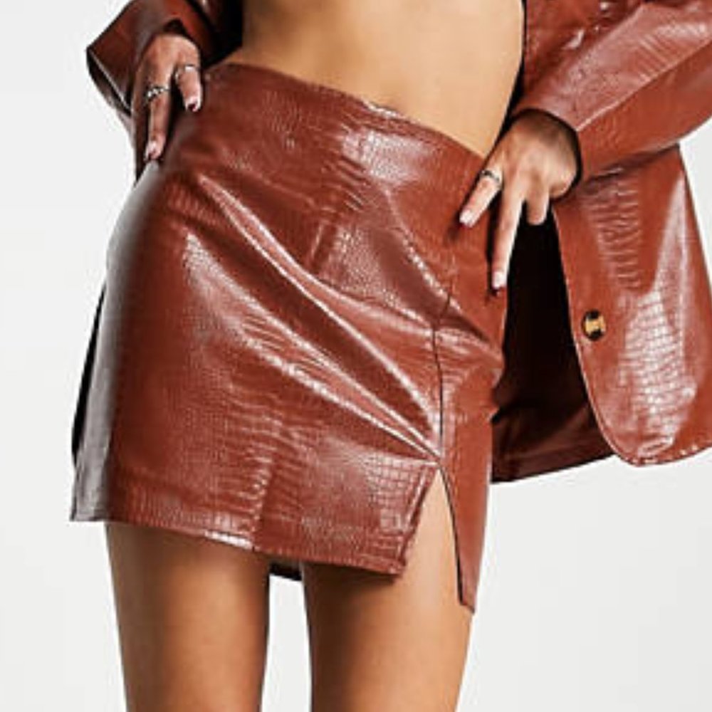 ASOS Daisy Street Brown Croc Vinyl Leather High Waist Slit Mini Skirt